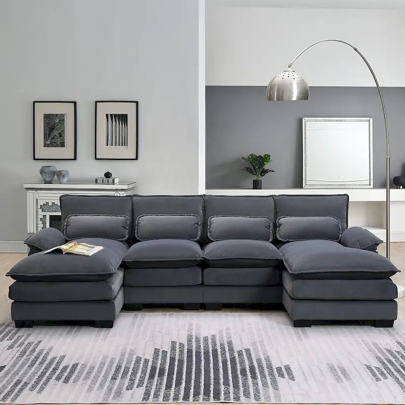 Canapé d'angle en U 6 places, convertible avec coussins lombaires pour salon, appartement