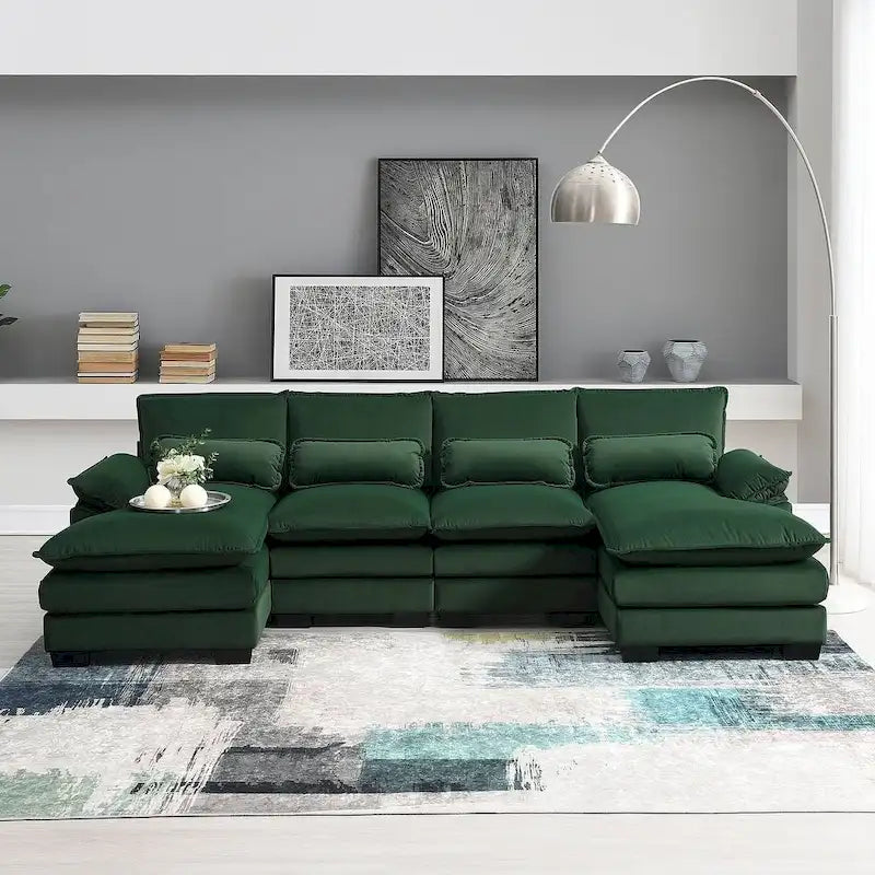 Canapé d'angle en U 6 places, convertible avec coussins lombaires pour salon, appartement