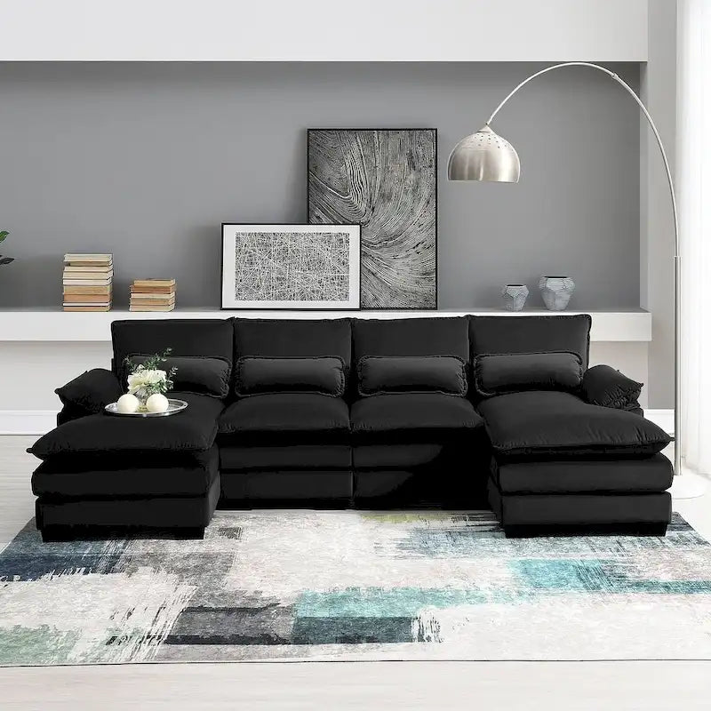 Canapé d'angle en U 6 places, convertible avec coussins lombaires pour salon, appartement