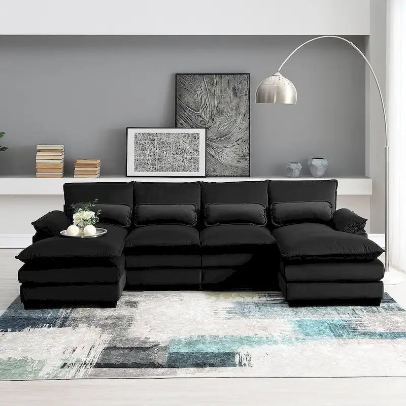 Canapé d'angle en U 6 places, convertible avec coussins lombaires pour salon, appartement