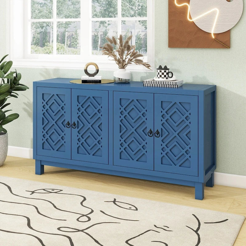 Grand buffet de rangement, buffet 4 portes avec poignées à anneau pour salon, salle à manger (bleu marine)