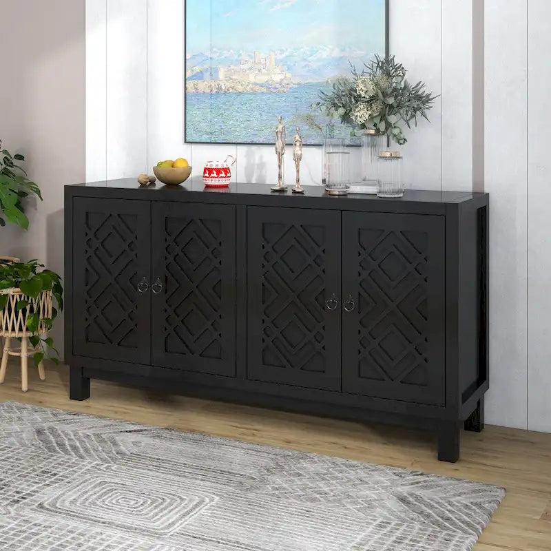 Grand buffet de rangement, buffet 4 portes avec poignées à anneau pour salon, salle à manger (bleu marine)