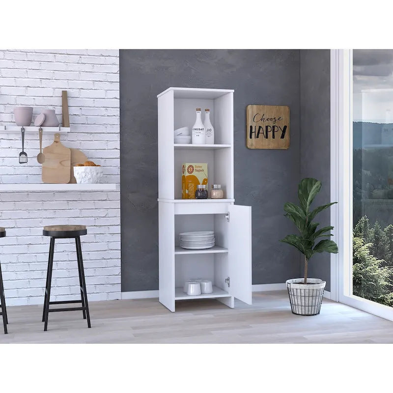 Garde-manger de cuisine Feery, Armoire à porte unique, Étagères intérieures et extérieures, Finition blanche