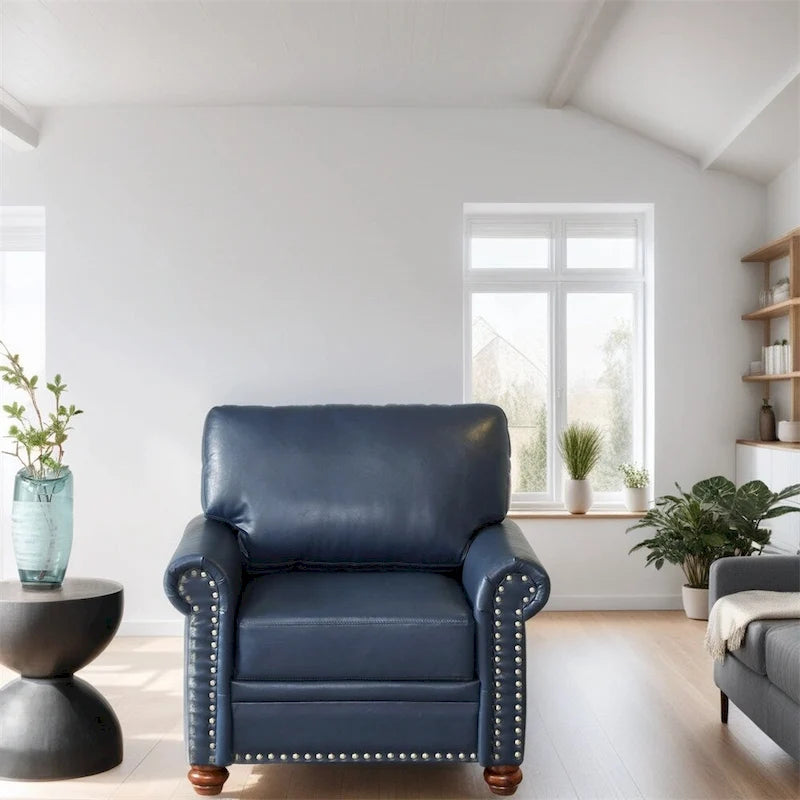 Fauteuil simple en cuir avec pieds en bois et clous décoratifs