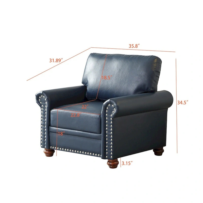 Fauteuil simple en cuir avec pieds en bois et clous décoratifs