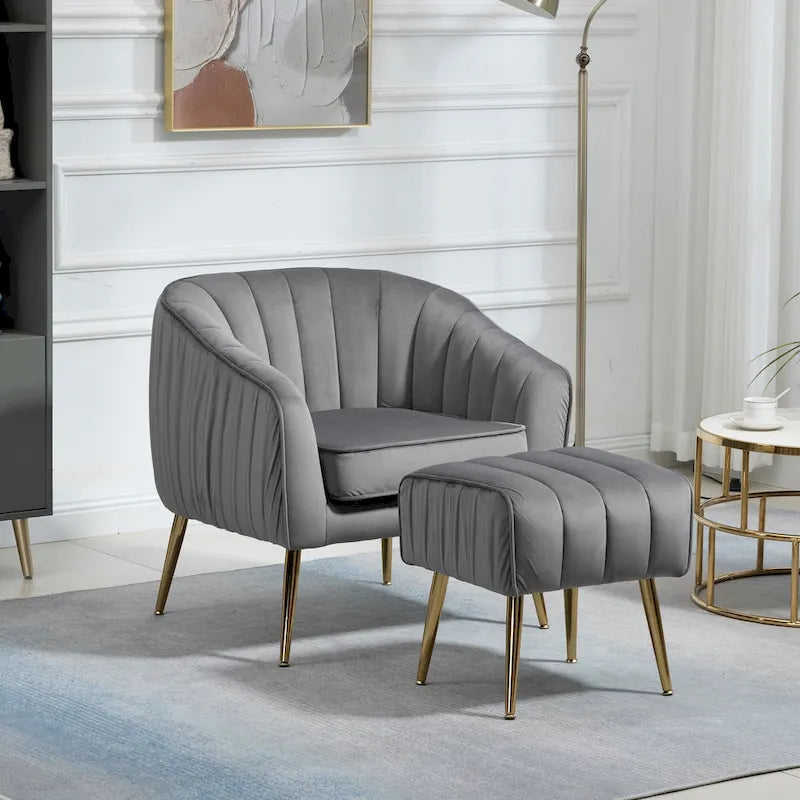 Fauteuil d'appoint moderne en velours avec ottoman pour salon/chambre à coucher/salon de manucure