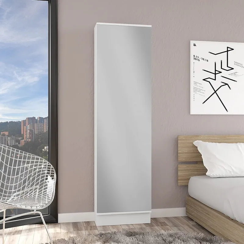 Meuble à chaussures Chimg, Miroir, Cinq étagères intérieures, Armoire à une porte, Finition blanche