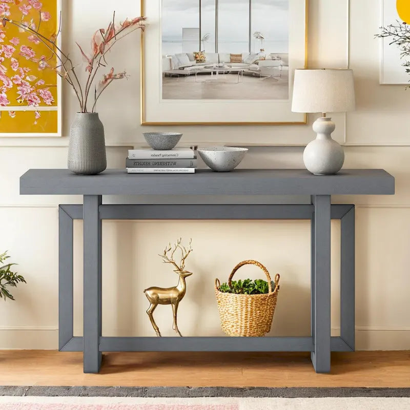 Console en bois avec plateau en béton d'inspiration industrielle, table d'entrée extra longue pour entrée, couloir, salon