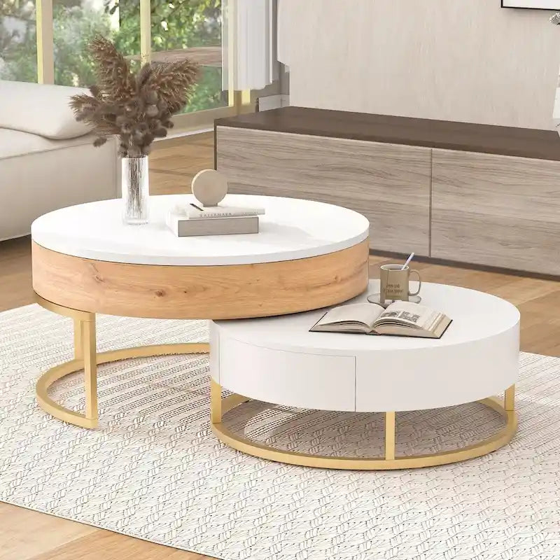 Tables basses gigognes rondes modernes à plateau relevable avec 2 tiroirs