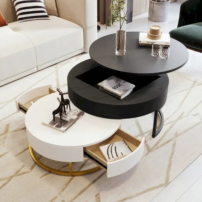 Tables basses gigognes rondes modernes à plateau relevable avec 2 tiroirs