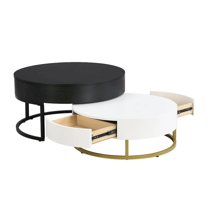 Tables basses gigognes rondes modernes à plateau relevable avec 2 tiroirs