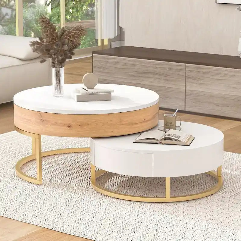 Tables basses gigognes rondes modernes à plateau relevable avec 2 tiroirs