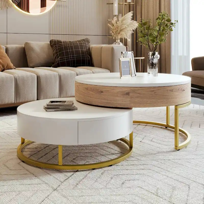 Tables basses gigognes rondes modernes à plateau relevable avec 2 tiroirs