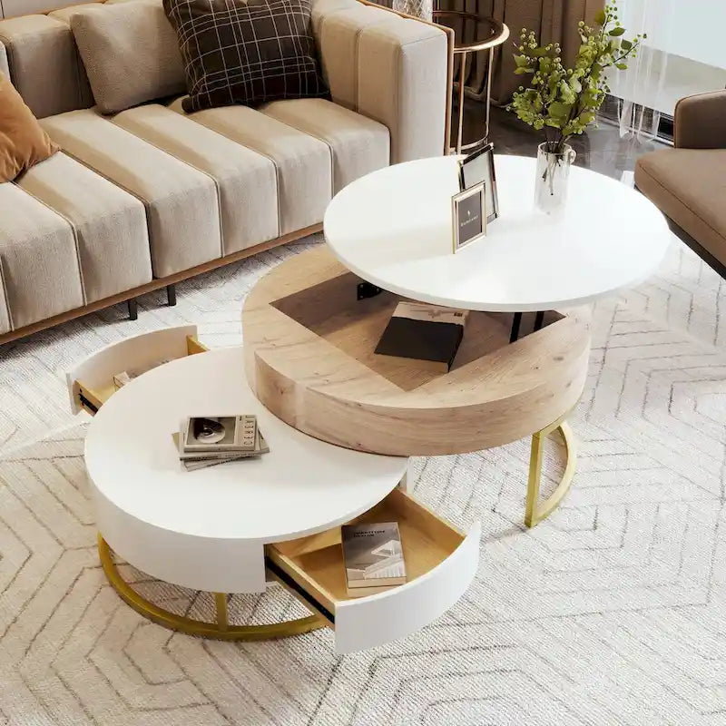 Tables basses gigognes rondes modernes à plateau relevable avec 2 tiroirs