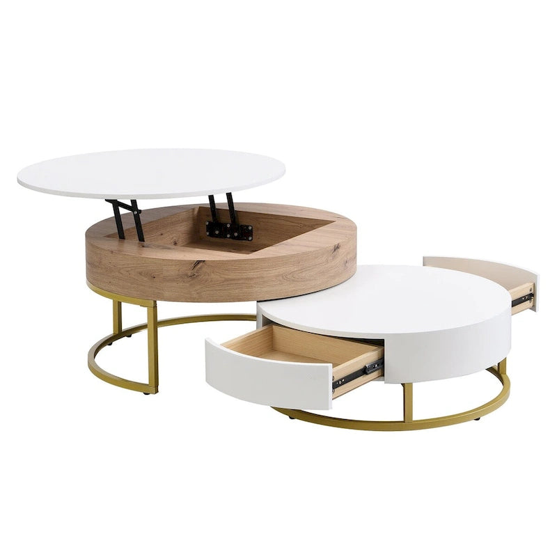 Tables basses gigognes rondes modernes à plateau relevable avec 2 tiroirs