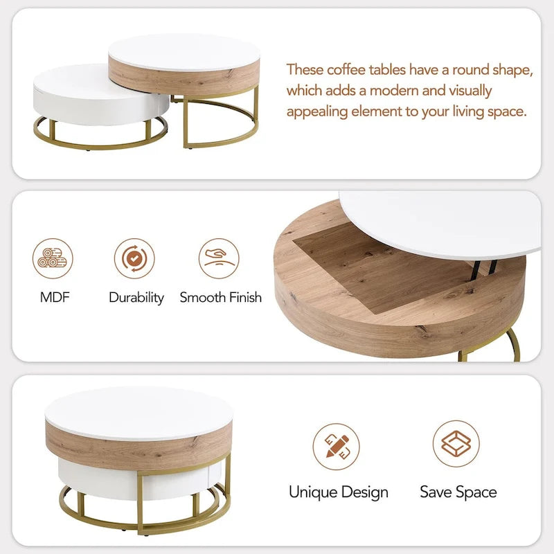 Tables basses gigognes rondes modernes à plateau relevable avec 2 tiroirs
