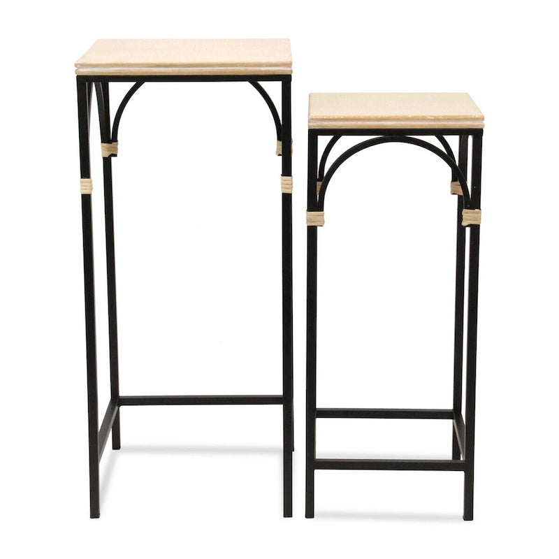 Lot de 2 tables d'appoint carrées Claudette en bois et métal avec détails en rotin