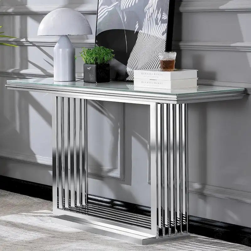 Table console rectangulaire Glam 60 po en verre avec base en acier inoxydable doré brossé
