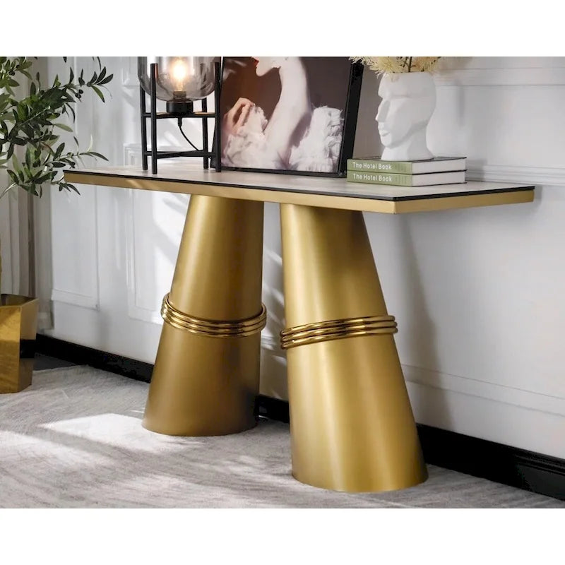 Table console rectangulaire Glam 60 po en verre avec base en acier inoxydable doré brossé