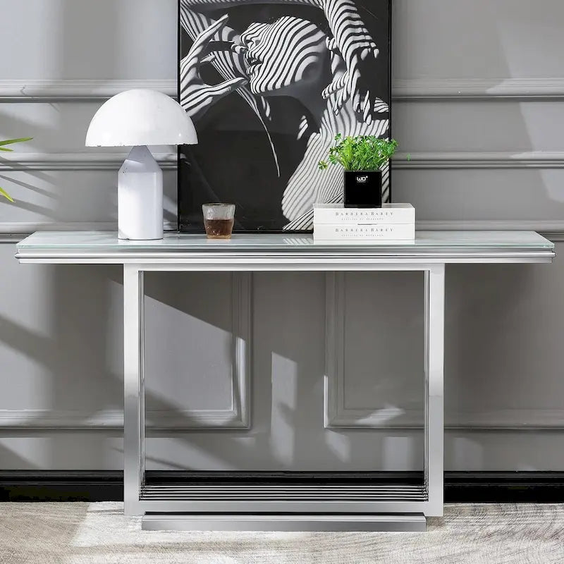 Table console rectangulaire Glam 60 po en verre avec base en acier inoxydable doré brossé