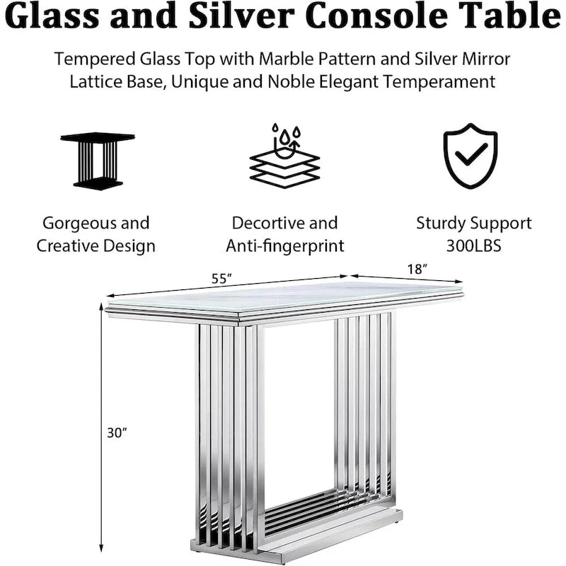 Table console rectangulaire Glam 60 po en verre avec base en acier inoxydable doré brossé