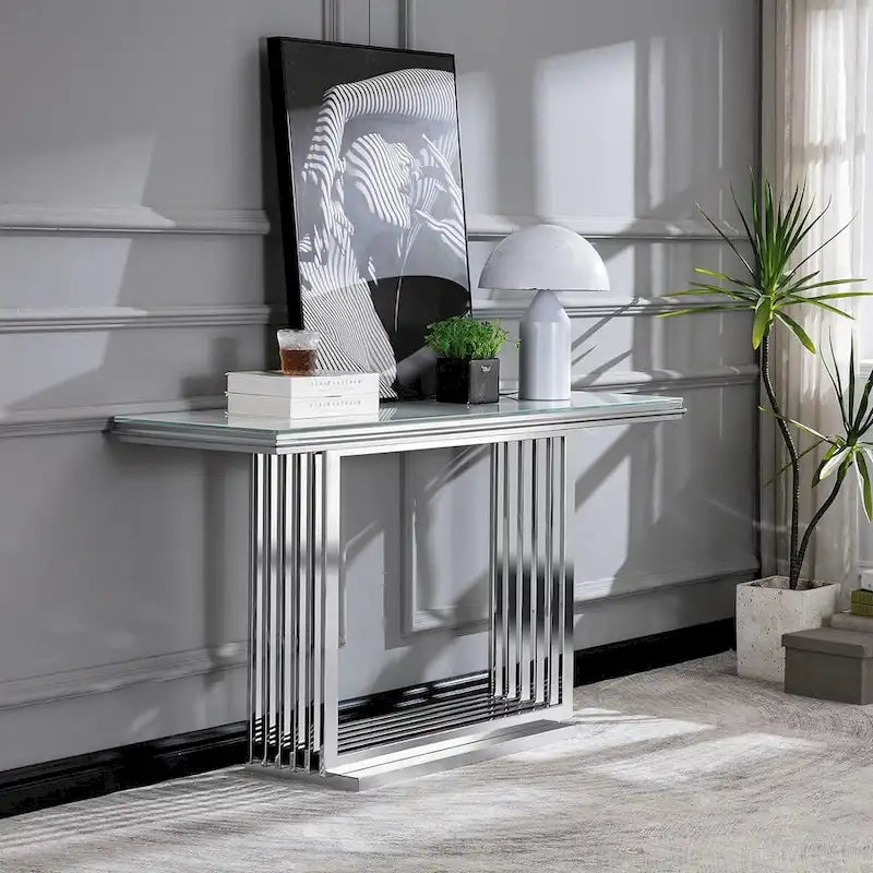 Table console rectangulaire Glam 60 po en verre avec base en acier inoxydable doré brossé