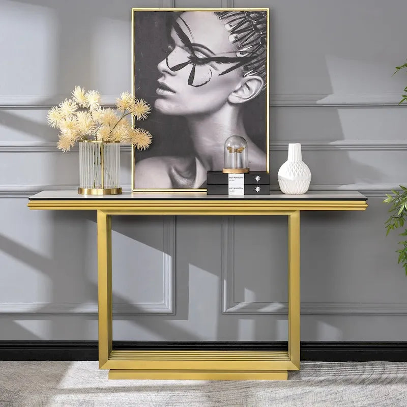 Table console rectangulaire Glam 60 po en verre avec base en acier inoxydable doré brossé