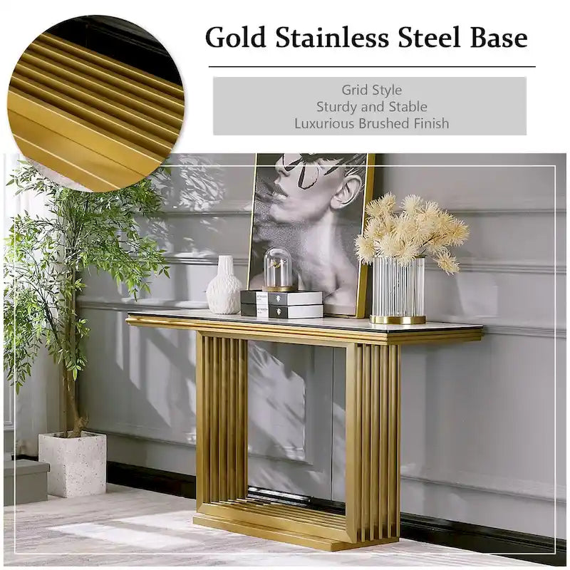 Table console rectangulaire Glam 60 po en verre avec base en acier inoxydable doré brossé