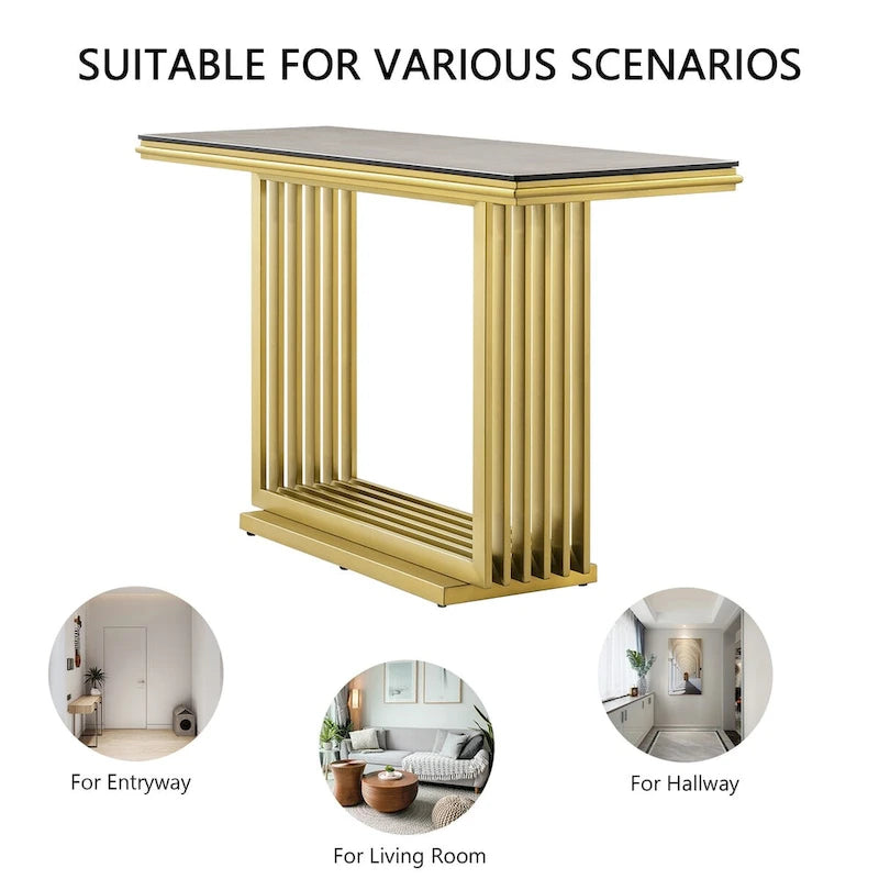 Table console rectangulaire Glam 60 po en verre avec base en acier inoxydable doré brossé
