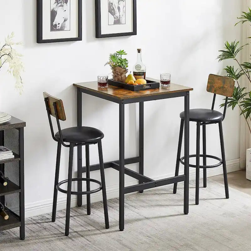 Ensemble table de bar 3 pièces style industriel Grondin avec 2 tabourets de bar en PU souple et dossier, ensemble de salle à manger hauteur comptoir pour 2