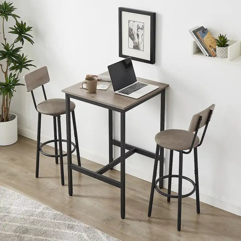 Ensemble table de bar 3 pièces style industriel Grondin avec 2 tabourets de bar en PU souple et dossier, ensemble de salle à manger hauteur comptoir pour 2