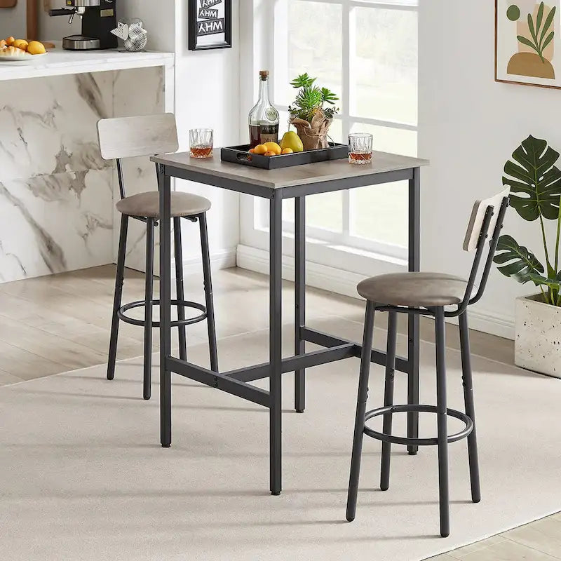 Ensemble table de bar 3 pièces style industriel Grondin avec 2 tabourets de bar en PU souple et dossier, ensemble de salle à manger hauteur comptoir pour 2