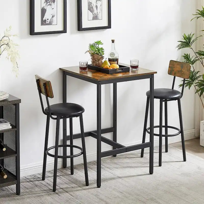 Ensemble table de bar 3 pièces style industriel Grondin avec 2 tabourets de bar en PU souple et dossier, ensemble de salle à manger hauteur comptoir pour 2