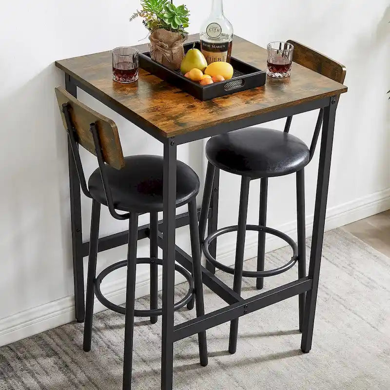 Ensemble table de bar 3 pièces style industriel Grondin avec 2 tabourets de bar en PU souple et dossier, ensemble de salle à manger hauteur comptoir pour 2