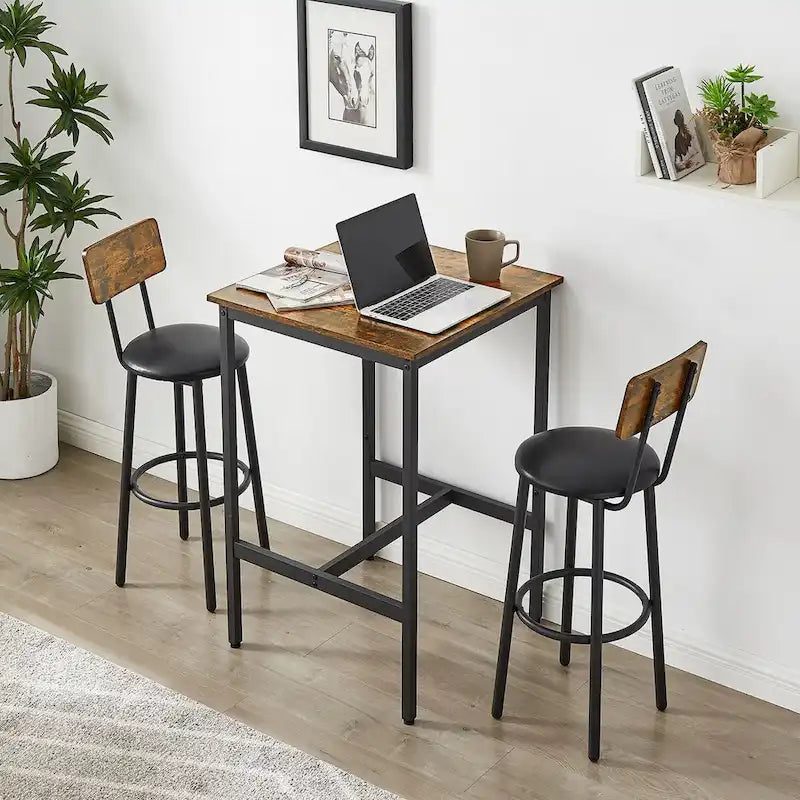 Ensemble table de bar 3 pièces style industriel Grondin avec 2 tabourets de bar en PU souple et dossier, ensemble de salle à manger hauteur comptoir pour 2