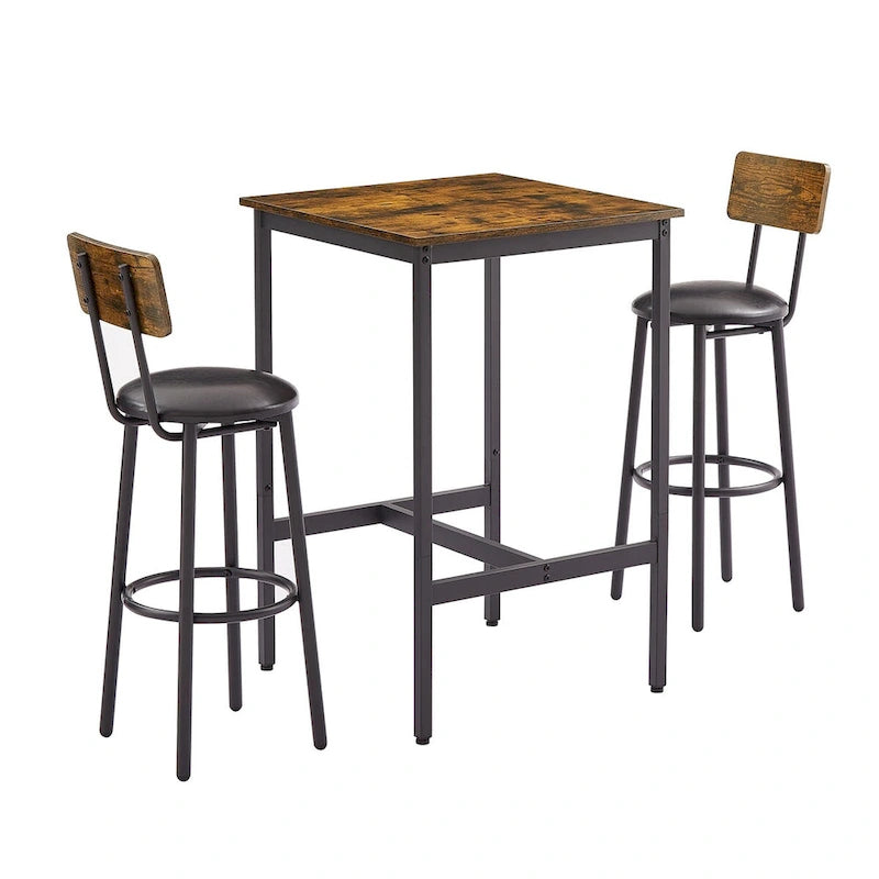Ensemble table de bar 3 pièces style industriel Grondin avec 2 tabourets de bar en PU souple et dossier, ensemble de salle à manger hauteur comptoir pour 2