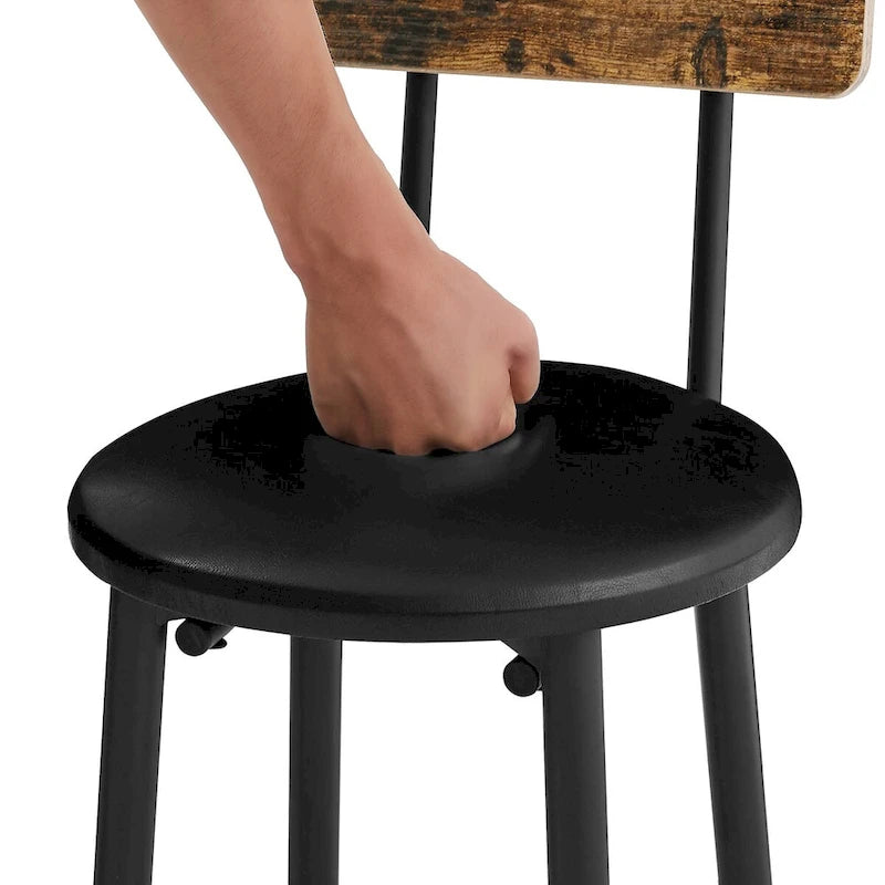 Ensemble table de bar 3 pièces style industriel Grondin avec 2 tabourets de bar en PU souple et dossier, ensemble de salle à manger hauteur comptoir pour 2