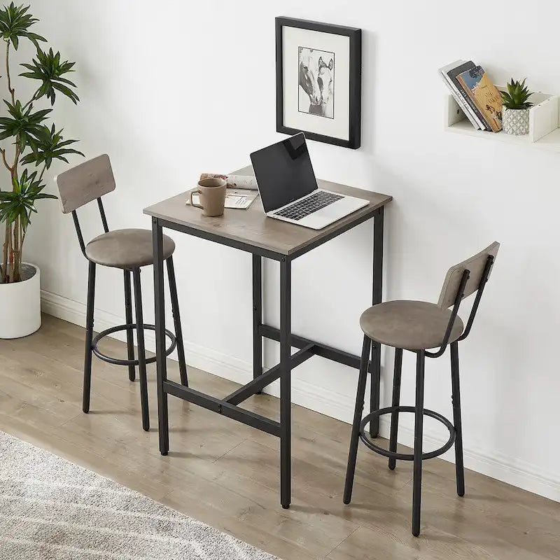Ensemble table de bar 3 pièces style industriel Grondin avec 2 tabourets de bar en PU souple et dossier, ensemble de salle à manger hauteur comptoir pour 2