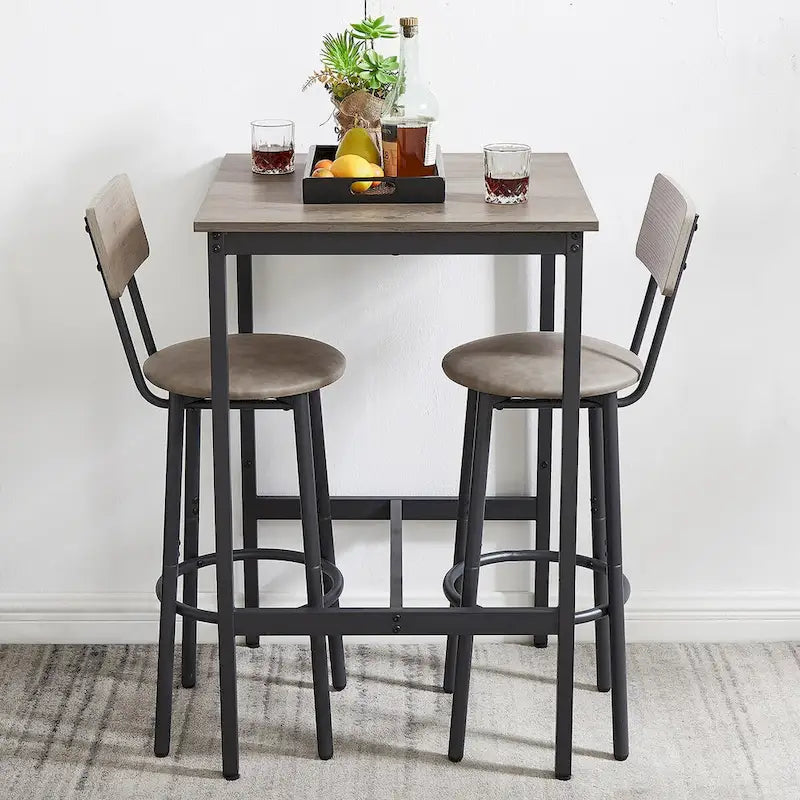 Ensemble table de bar 3 pièces style industriel Grondin avec 2 tabourets de bar en PU souple et dossier, ensemble de salle à manger hauteur comptoir pour 2