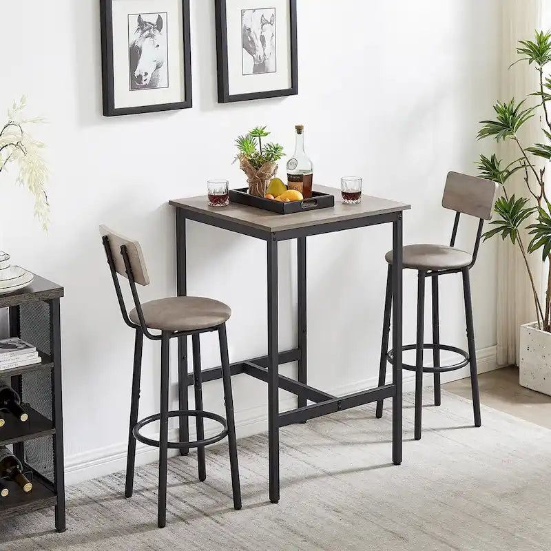 Ensemble table de bar 3 pièces style industriel Grondin avec 2 tabourets de bar en PU souple et dossier, ensemble de salle à manger hauteur comptoir pour 2