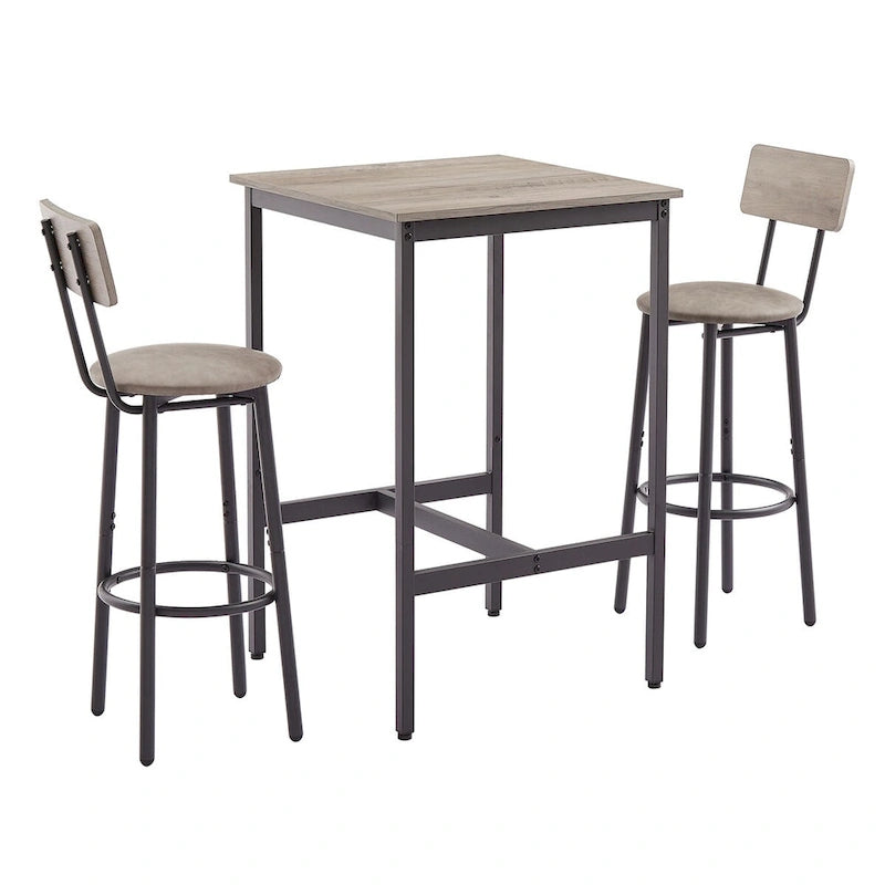 Ensemble table de bar 3 pièces style industriel Grondin avec 2 tabourets de bar en PU souple et dossier, ensemble de salle à manger hauteur comptoir pour 2