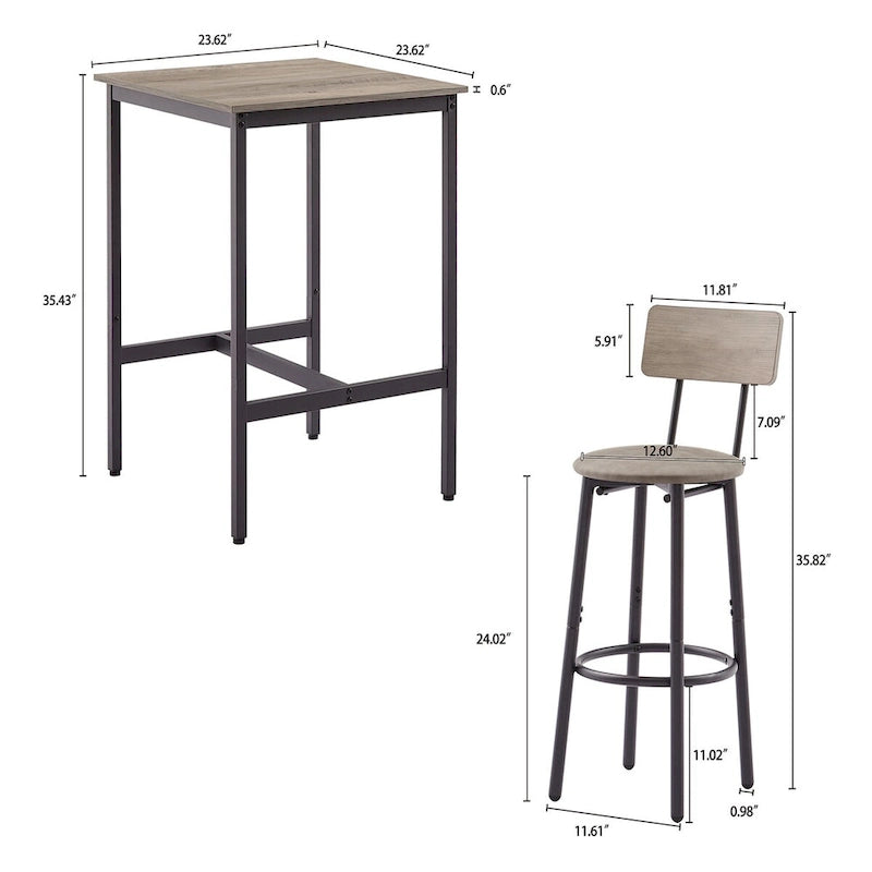 Ensemble table de bar 3 pièces style industriel Grondin avec 2 tabourets de bar en PU souple et dossier, ensemble de salle à manger hauteur comptoir pour 2