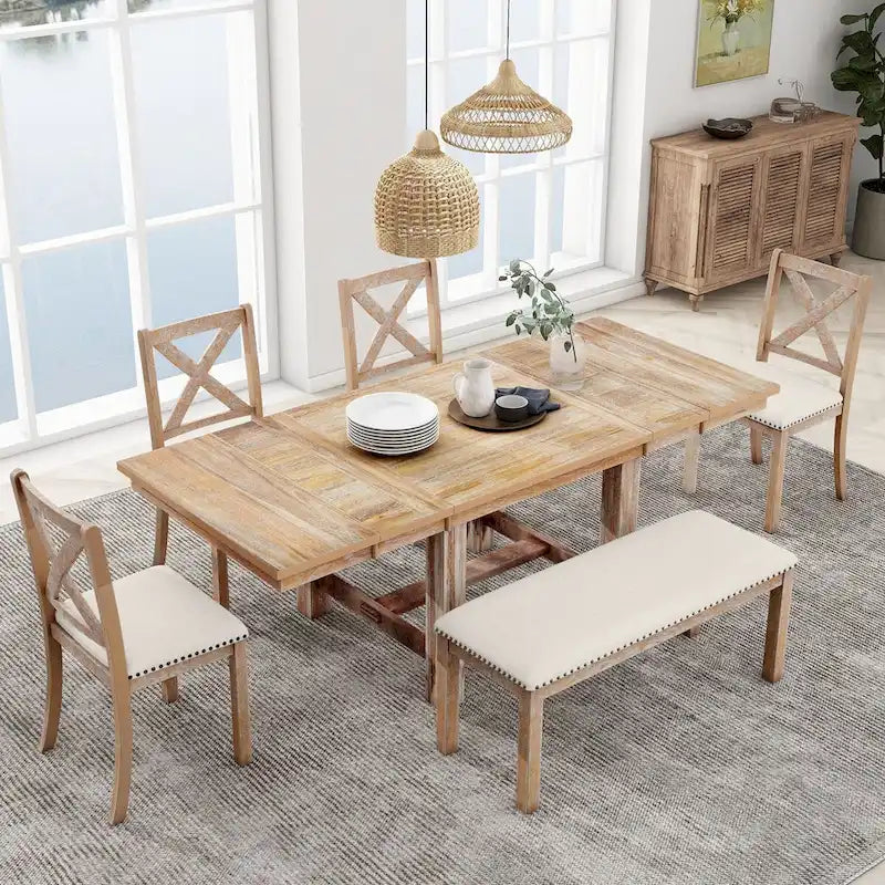 Table à manger extensible de 82 pouces à 6 places avec repose-pieds, 4 chaises de salle à manger rembourrées, banc, deux rallonges amovibles de 11 pouces, coussin beige