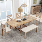 Table à manger extensible de 82 pouces à 6 places avec repose-pieds, 4 chaises de salle à manger rembourrées, banc, deux rallonges amovibles de 11 pouces, coussin beige