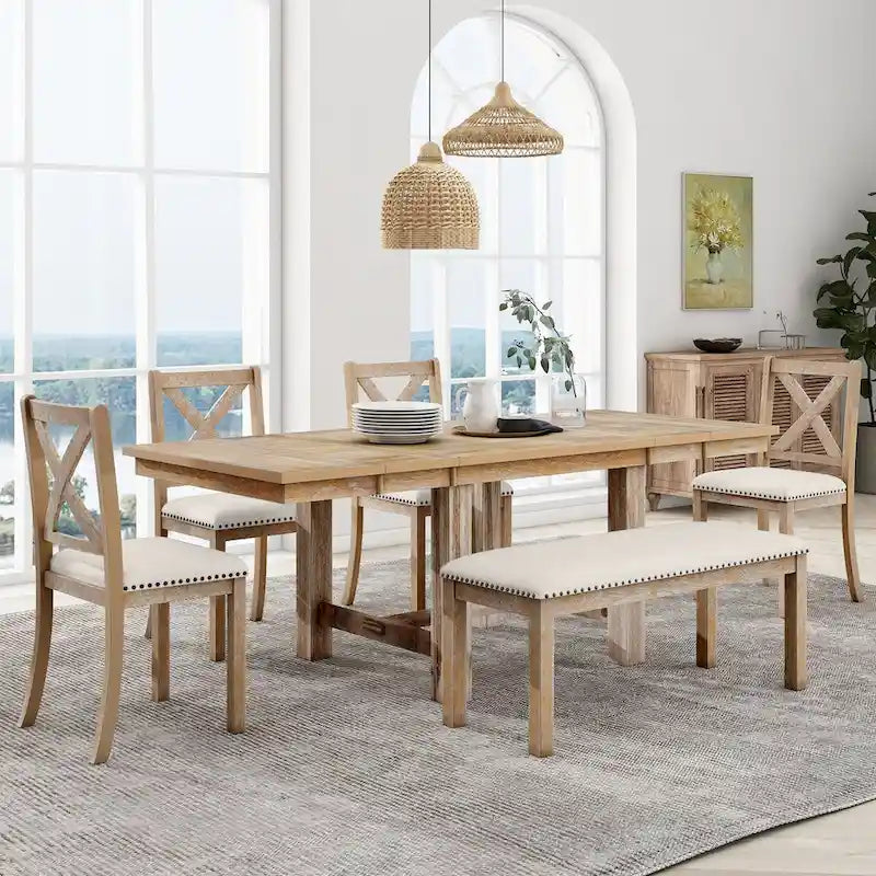 Table à manger extensible de 82 pouces à 6 places avec repose-pieds, 4 chaises de salle à manger rembourrées, banc, deux rallonges amovibles de 11 pouces, coussin beige