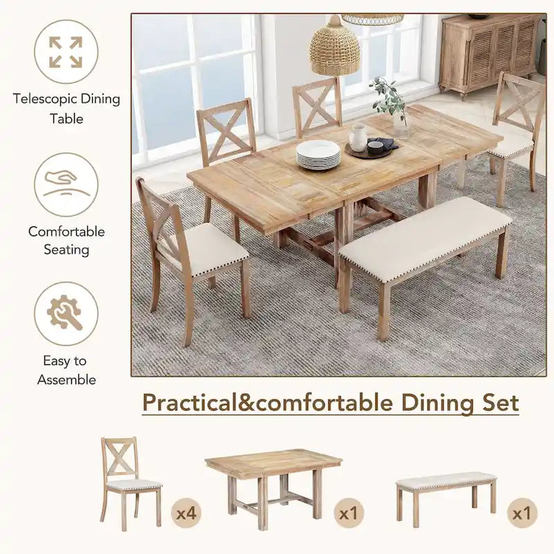 Table à manger extensible de 82 pouces à 6 places avec repose-pieds, 4 chaises de salle à manger rembourrées, banc, deux rallonges amovibles de 11 pouces, coussin beige