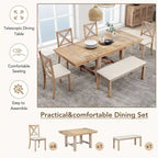Table à manger extensible de 82 pouces à 6 places avec repose-pieds, 4 chaises de salle à manger rembourrées, banc, deux rallonges amovibles de 11 pouces, coussin beige