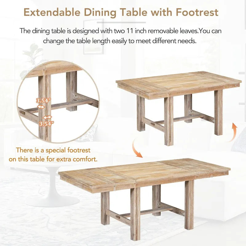Table à manger extensible de 82 pouces à 6 places avec repose-pieds, 4 chaises de salle à manger rembourrées, banc, deux rallonges amovibles de 11 pouces, coussin beige