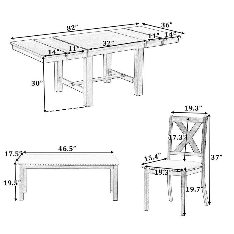 Table à manger extensible de 82 pouces à 6 places avec repose-pieds, 4 chaises de salle à manger rembourrées, banc, deux rallonges amovibles de 11 pouces, coussin beige