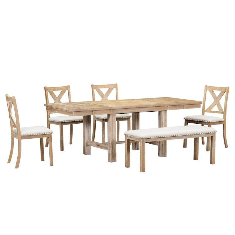 Table à manger extensible de 82 pouces à 6 places avec repose-pieds, 4 chaises de salle à manger rembourrées, banc, deux rallonges amovibles de 11 pouces, coussin beige